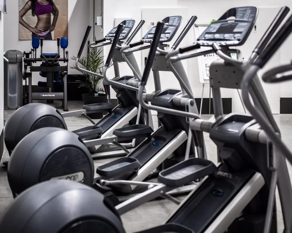 Crosstrainer und Ergometer in einer Reihe.